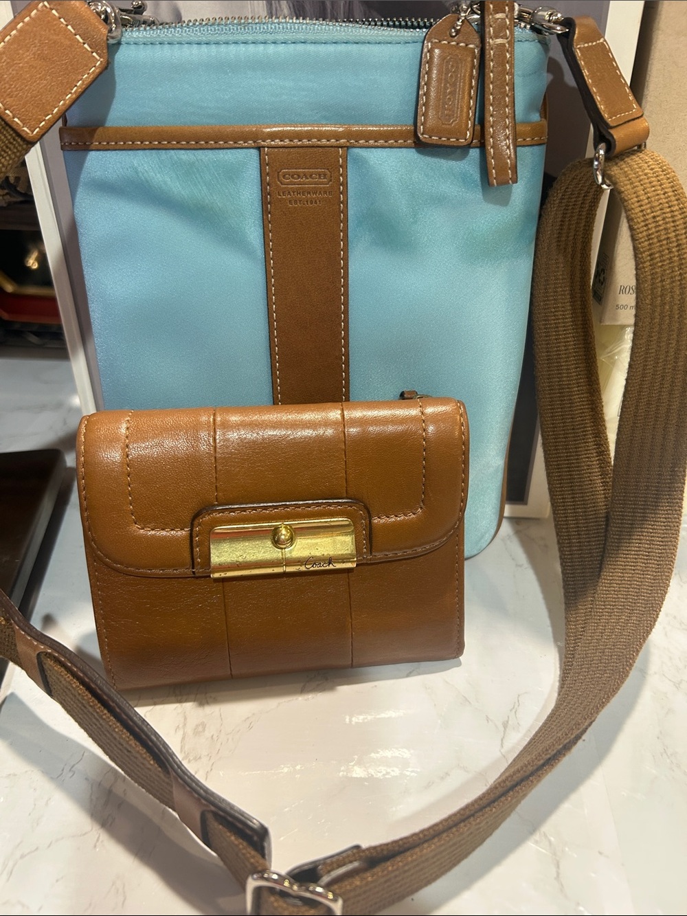 Coach Light Blue and Brown Leather-Trim Crossbody with Matching Wallet - Picture 13 of 13